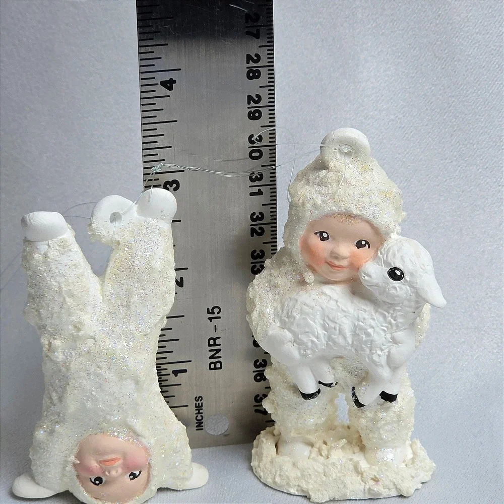 Snow Baby Figurines Set of 2 Glitter Christmas Ornaments Lamb Headstand White